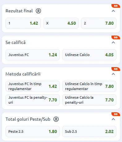 Cote pariuri Juventus vs Udinese la Betano