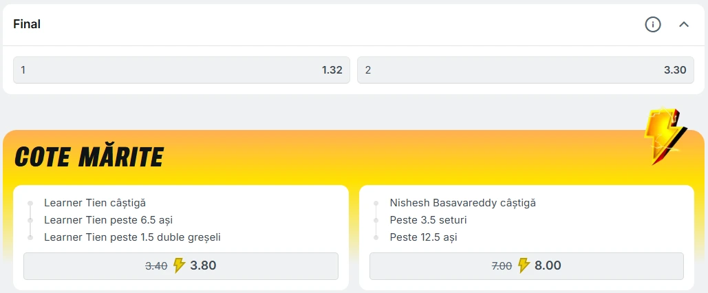 Cote pariuri Learner Tien vs Nishesh Basavareddy - semifinale NexT Gen ATP Finals