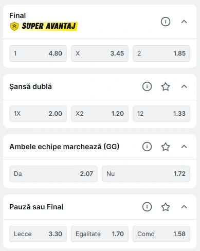 Cote pariuri Lecce vs Como la Superbet