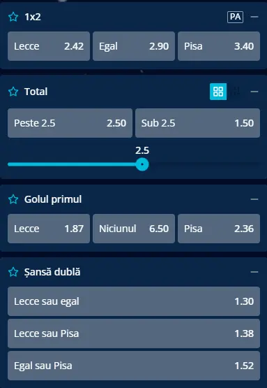 Cote pariuri Lecce vs Pisa la Mr Bit