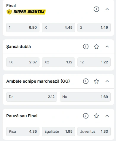 Cote pariuri Pisa vs Juventus la Superbet