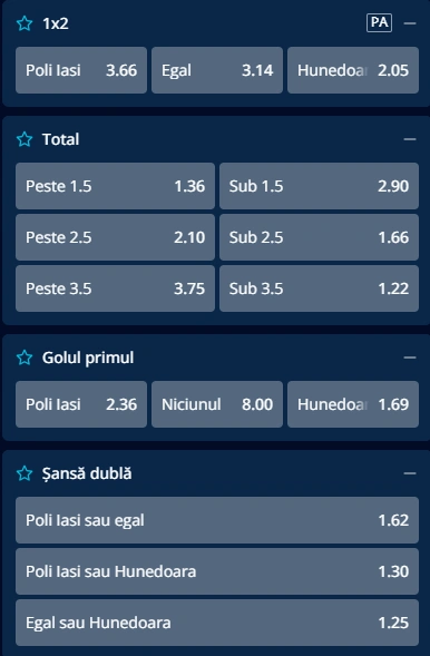 Cote pariuri Poli Iasi vs Corvinul Hunedoara la Mr Bit