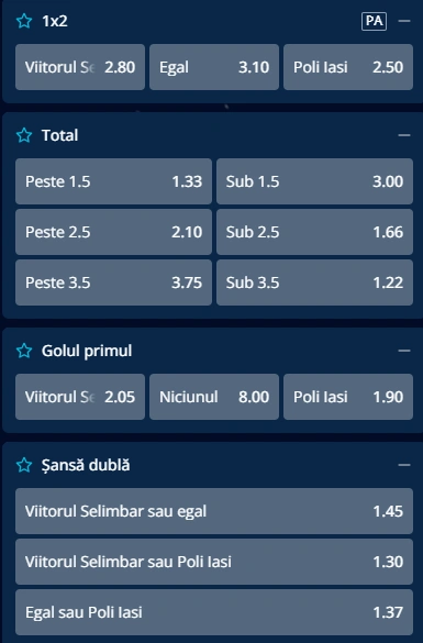 Cote pariuri Selimbar vs Poli Iasi la Mr Bit