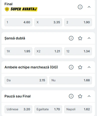 Cote pariuri Udinese vs Napoli la Superbet