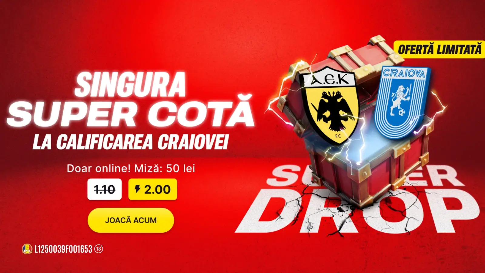 Super Drop AEK Atena vs Universitatea Craiova Cota 2.00 în loc de 1.10 pentru calificarea Craiovei în Play-Off