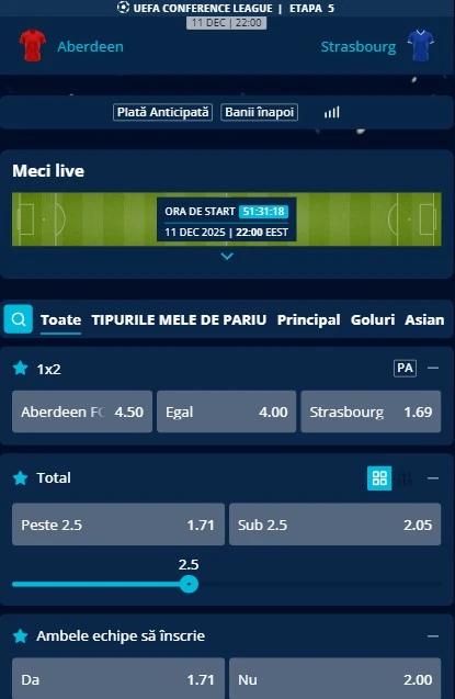Cote pariuri Aberdeen - Strasbourg