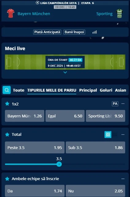 Cote pariuri Bayern vs Sporting