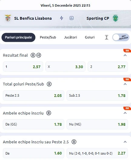 Cote pariuri Benfica - Sporting
