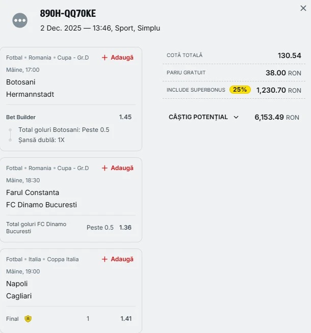 Bilet pariu șansă Superbet 03.12.2025