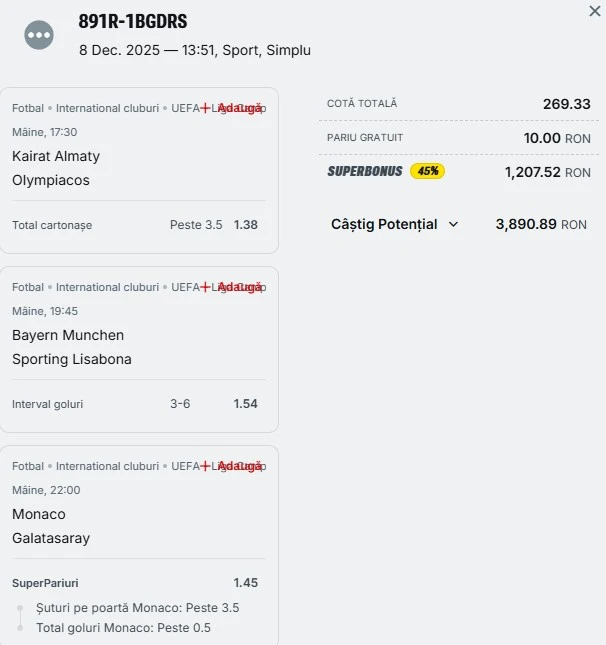 Bilet pariu șansă Superbet 09.12.2025
