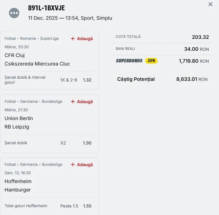 Bilet pariu șansă Superbet 12 decembrie 2025