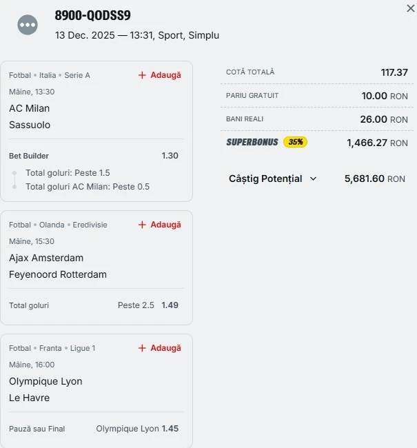 Bilet pariu șansă Superbet 14 decembrie 2025