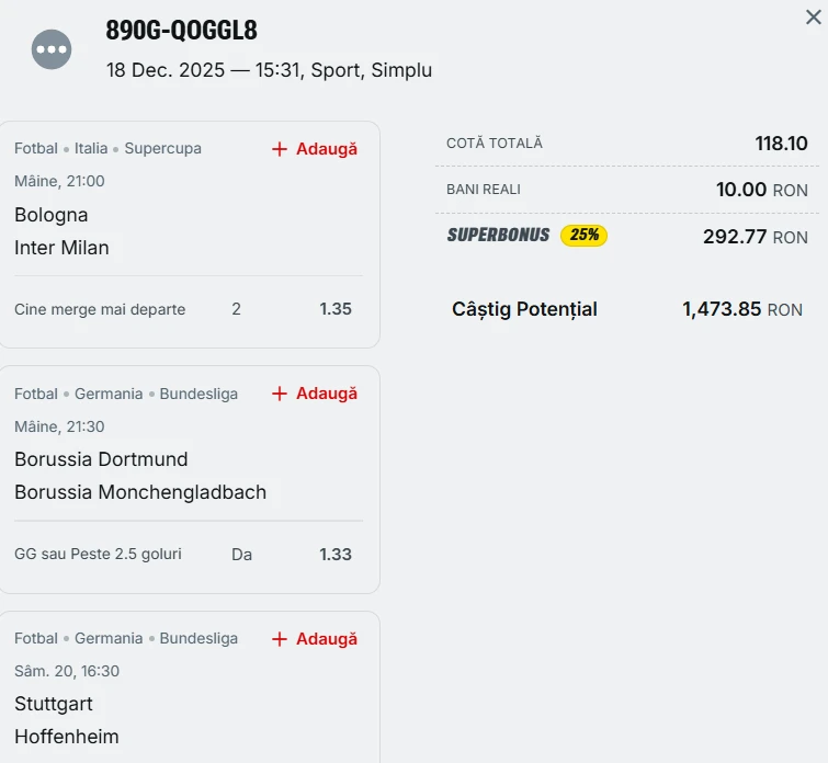 Bilet pariu șansă Superbet 19 decembrie 2025
