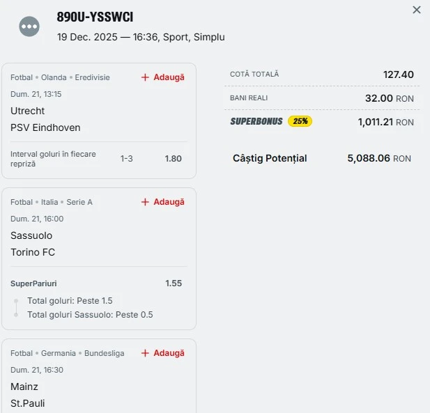 Bilet pariu șansă Superbet 21.12.2025