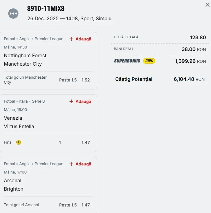 Bilet pariu șansă Superbet 27 decembrie 2025