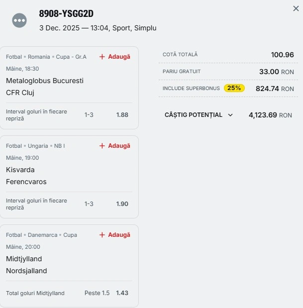 Bilet pariu șansă Superbet 4 decembrie 2025