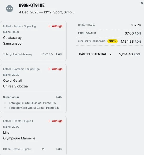 Bilet pariu șansă Superbet 5 decembrie 2025