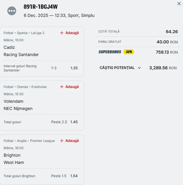 Bilet pariu șansă Superbet 7 decembrie 2025