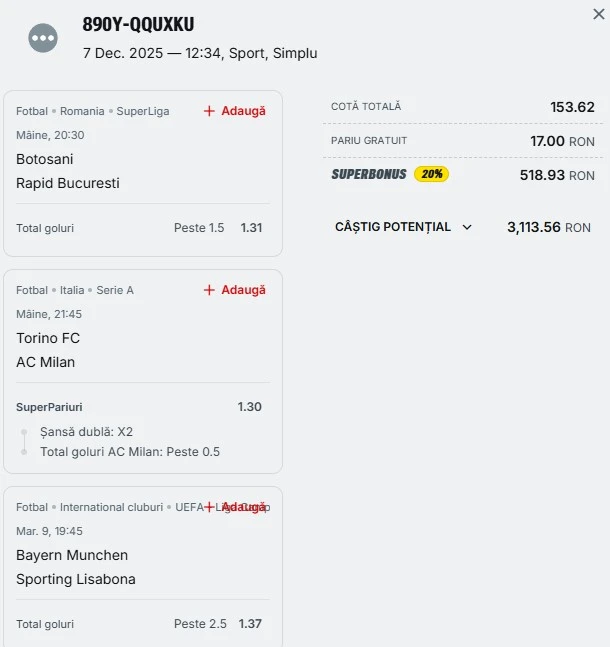 Bilet săptămânal din fotbal 08.12.2025