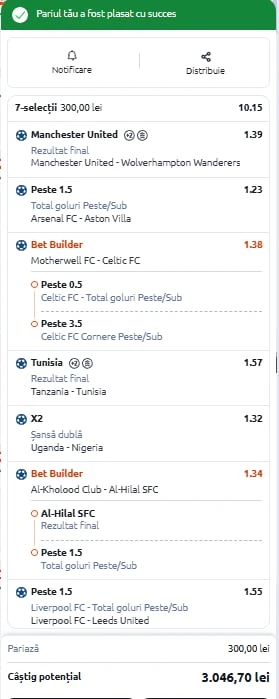 Bilet săptămânal din fotbal 30.12.2025