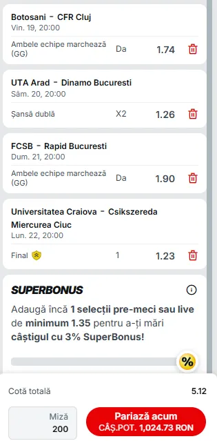 Biletul Etapei a 21-a Superliga, ultimul din acest an cu care atacăm un câștig de 1.000 lei