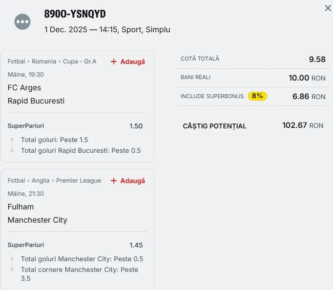 Biletul zilei azi din fotbal 02.12.2025