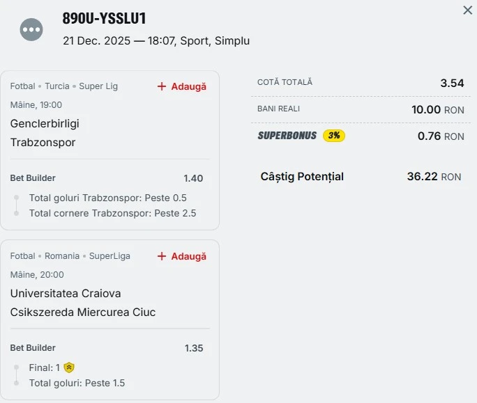 Biletul zilei azi din fotbal 22 decembrie 2025