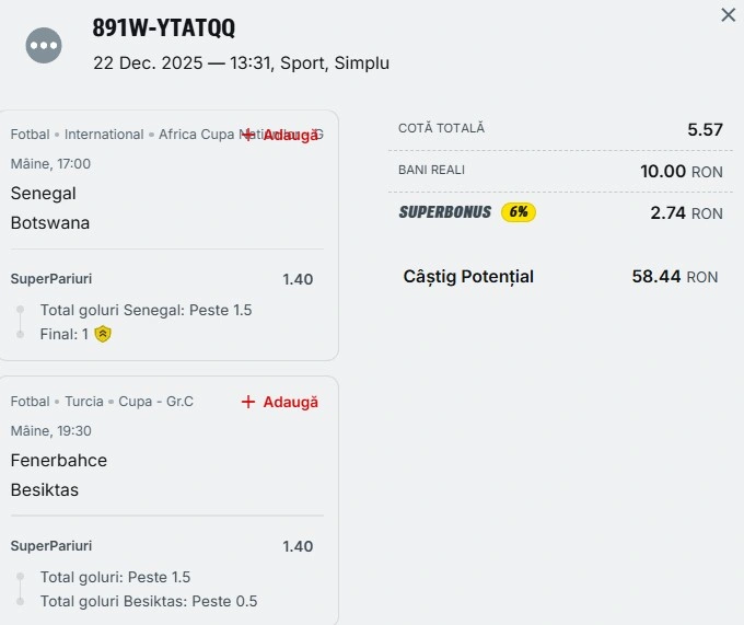 Biletul zilei azi din fotbal 23.12.2025