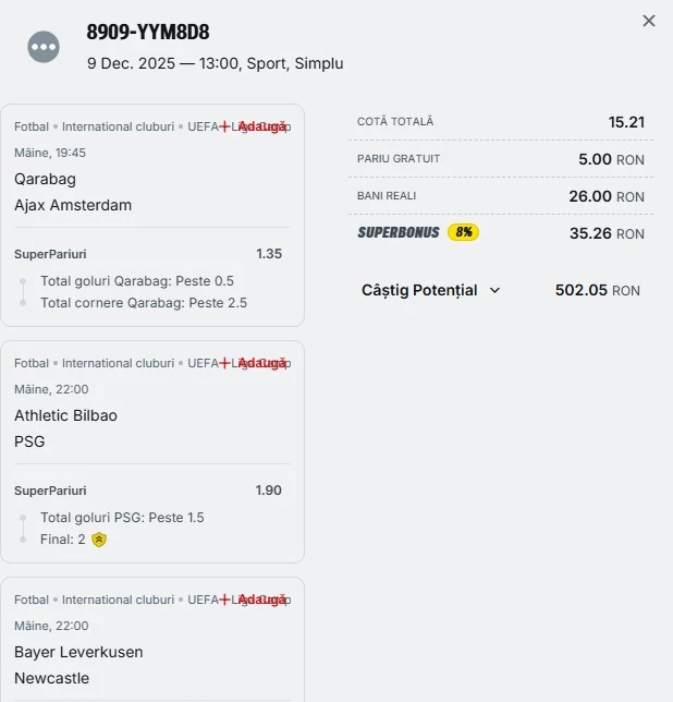 Biletul zilei din Champions League 10.12.2025