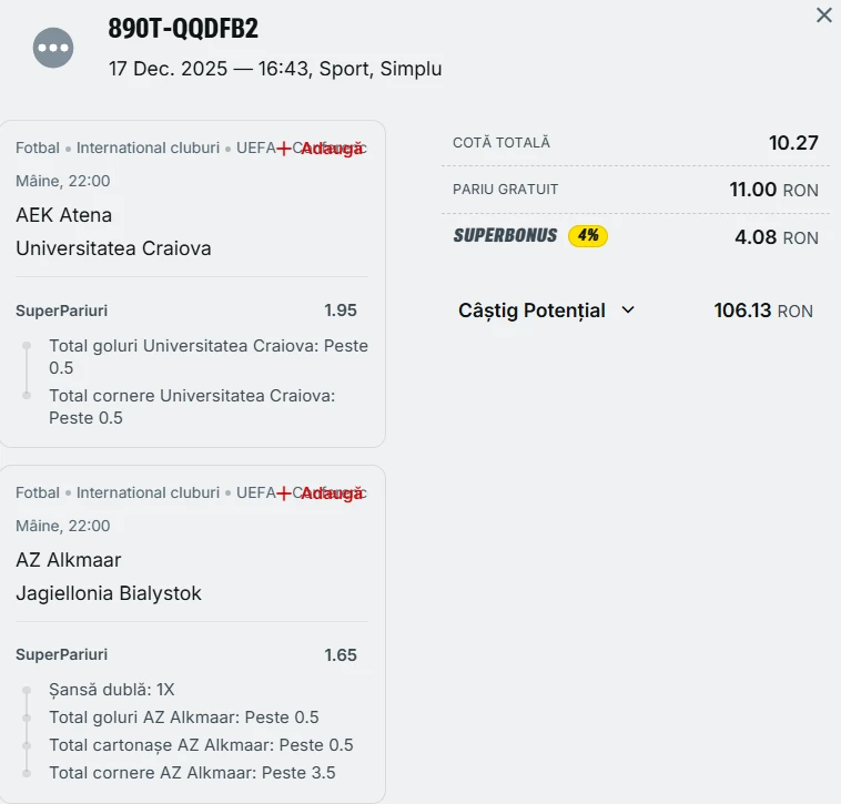 Biletul zilei din Conference League 18.12.2025