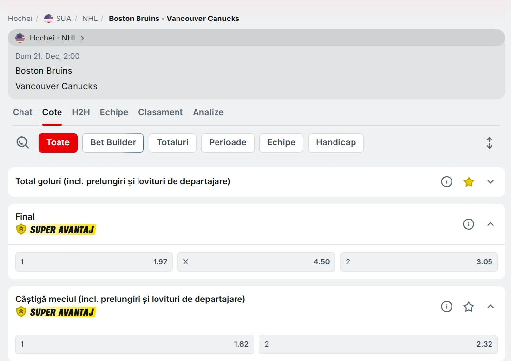 cote Boston Bruins vs Vancouver Canucks - NHL 20.12.2025