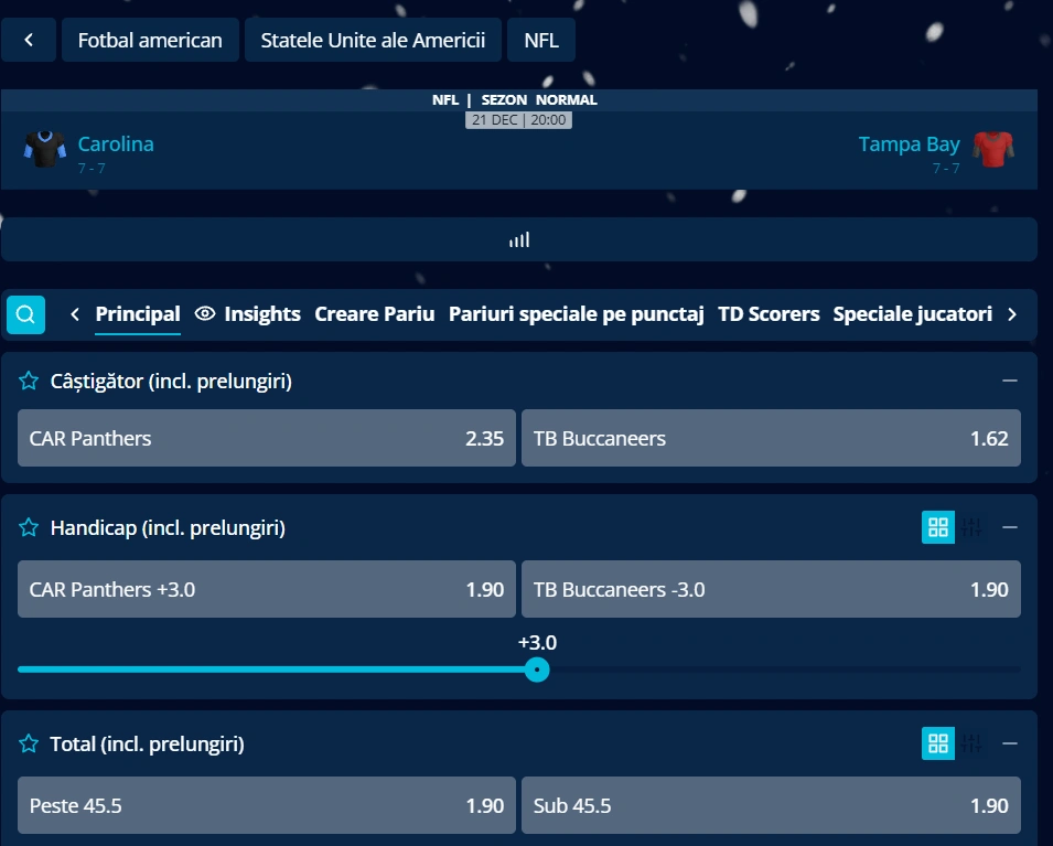 cote Carolina Panthers vs Tampa Bay Buccaneers - NFL 21 decembrie 2025
