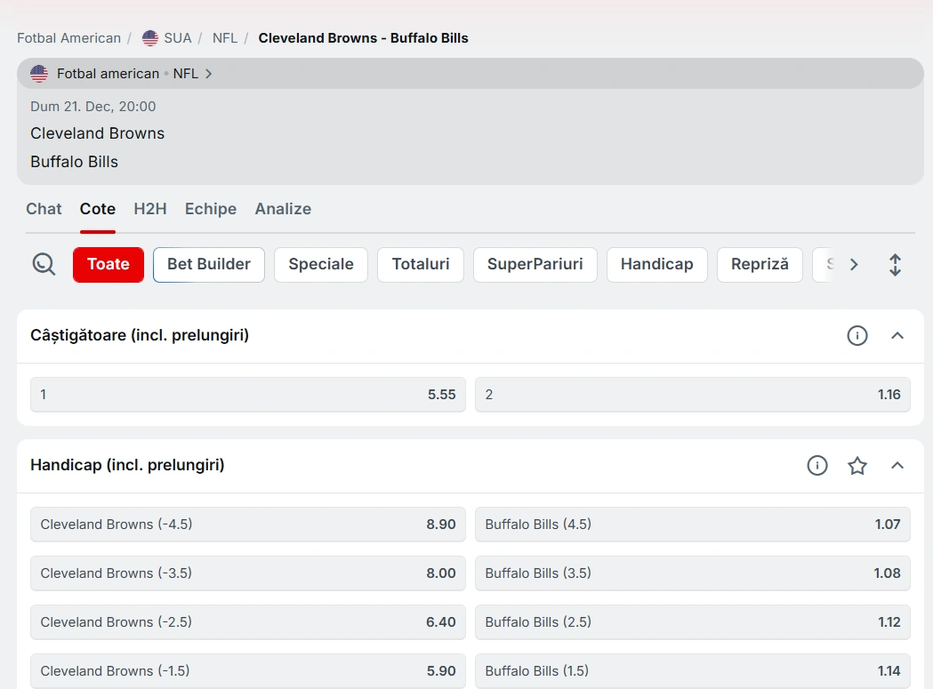 cote Cleveland Browns vs Buffalo Bills - NFL 21.12.2025