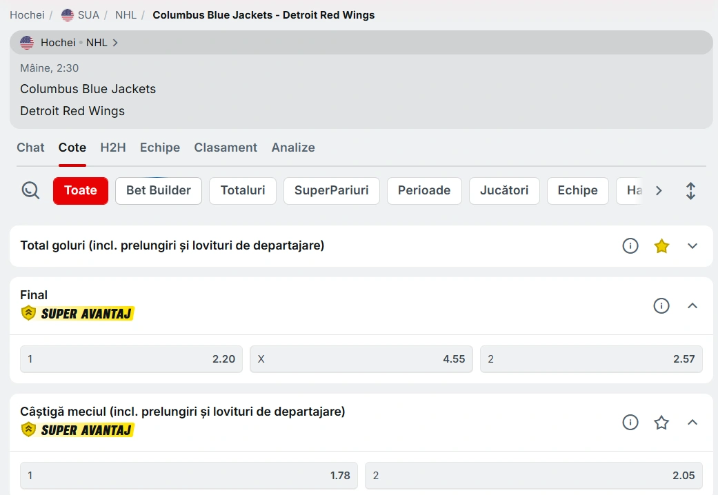 cote Columbus Blue Jackets vs Detroit Red Wings - NHL