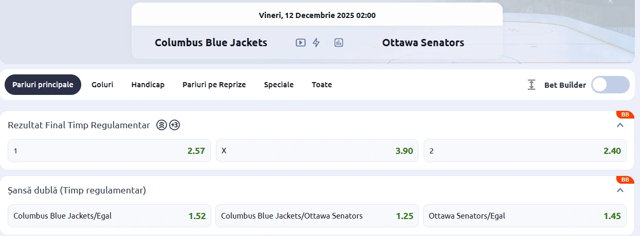 cote Columbus Blue Jackets vs Ottawa Senators - Hochei NHL - 11.12.2025