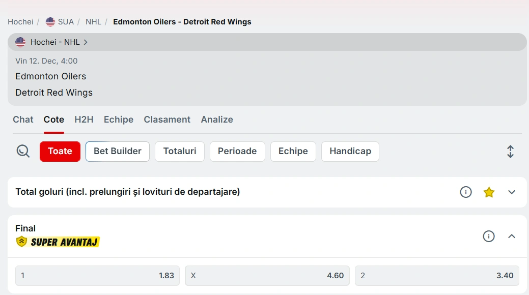 cote Edmonton Oilers vs Detroit Red Wings - NHL 11.12.2025
