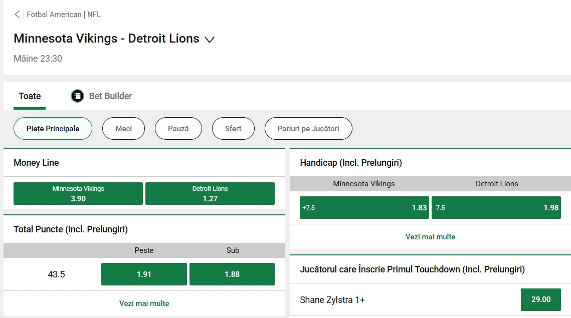 cote Minnesota Vikings vs Detroit Lions - NFL 25 decembrie 2025