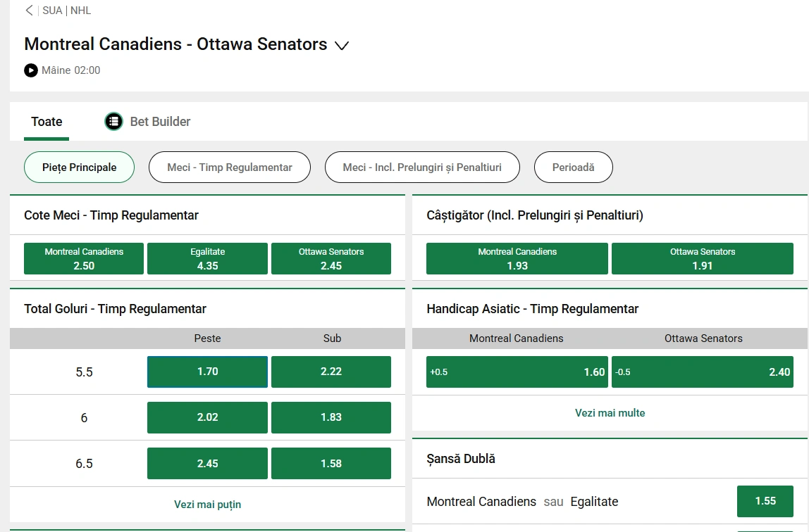 cote Montreal Canadiens vs Ottawa Senators - NHL