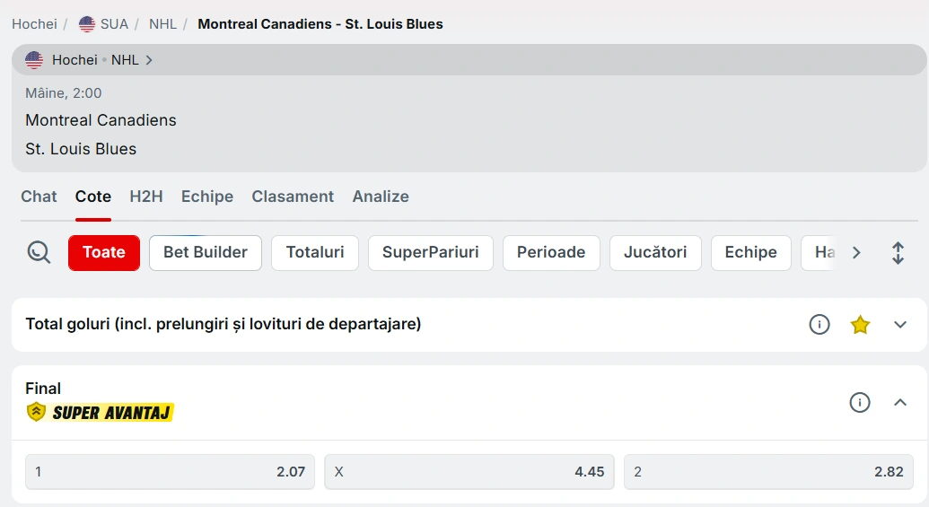 cote Montreal Canadiens vs St Louis Blues - NHL