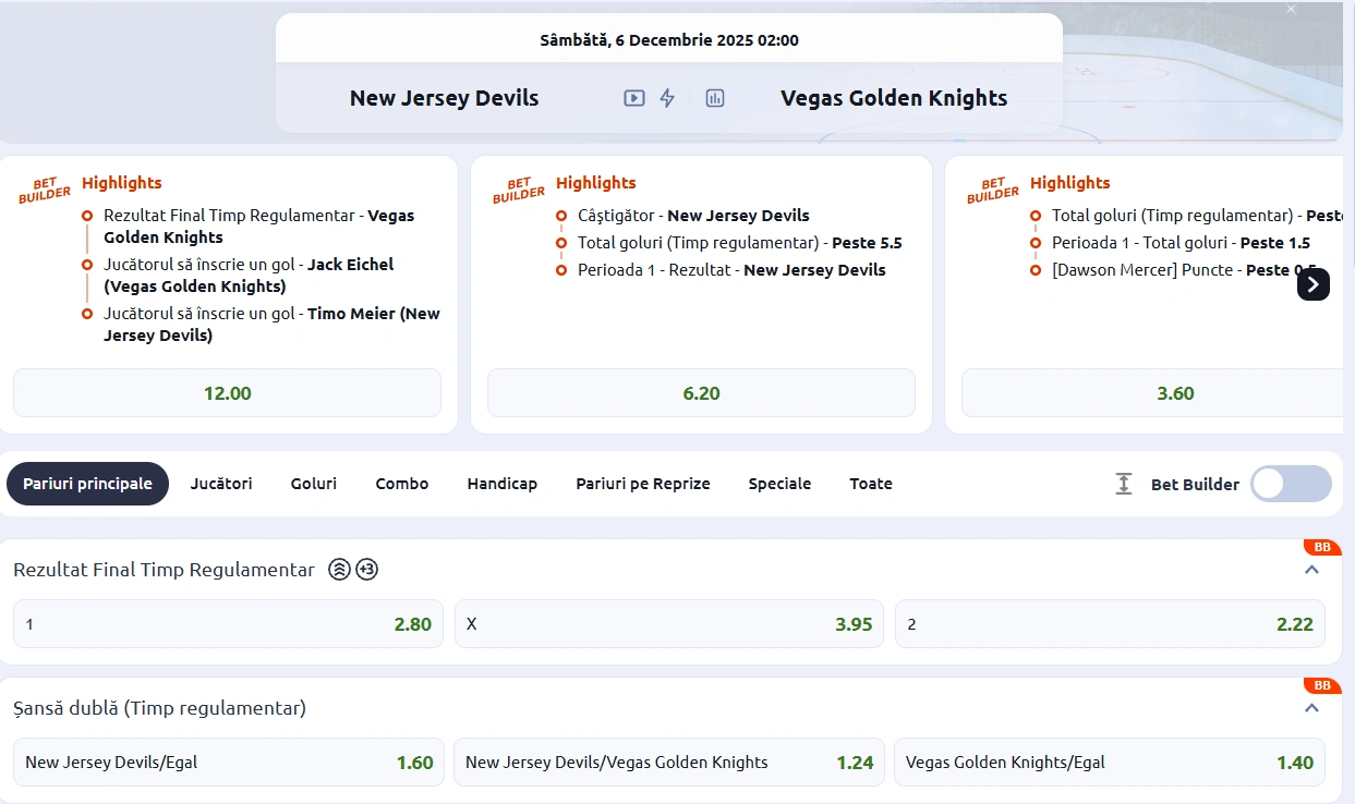 cote New Jersey Devils vs Vegas Golden Knights - NHL