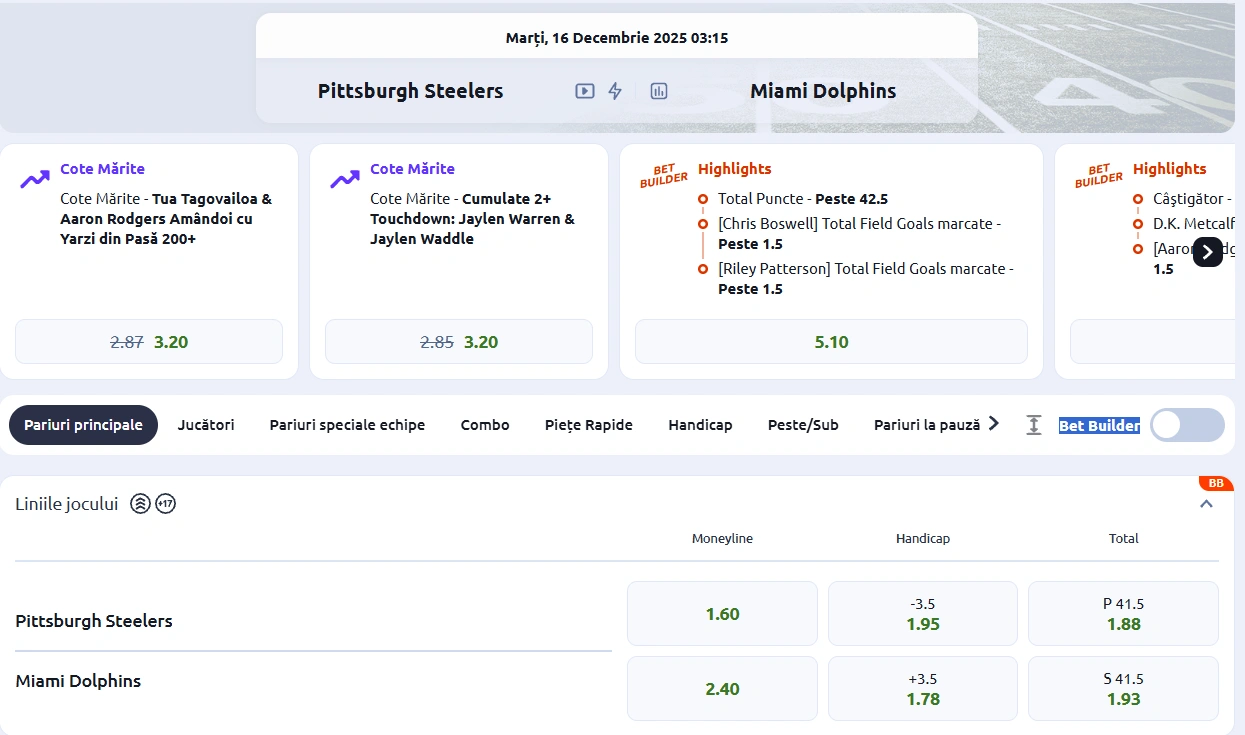 cote Pittsburgh Steelers vs Miami Dolphins - NFL 15.12.2025