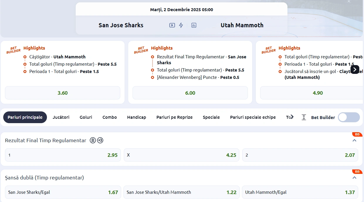 cote San Jose Sharks vs Utah Mammoth - NHL