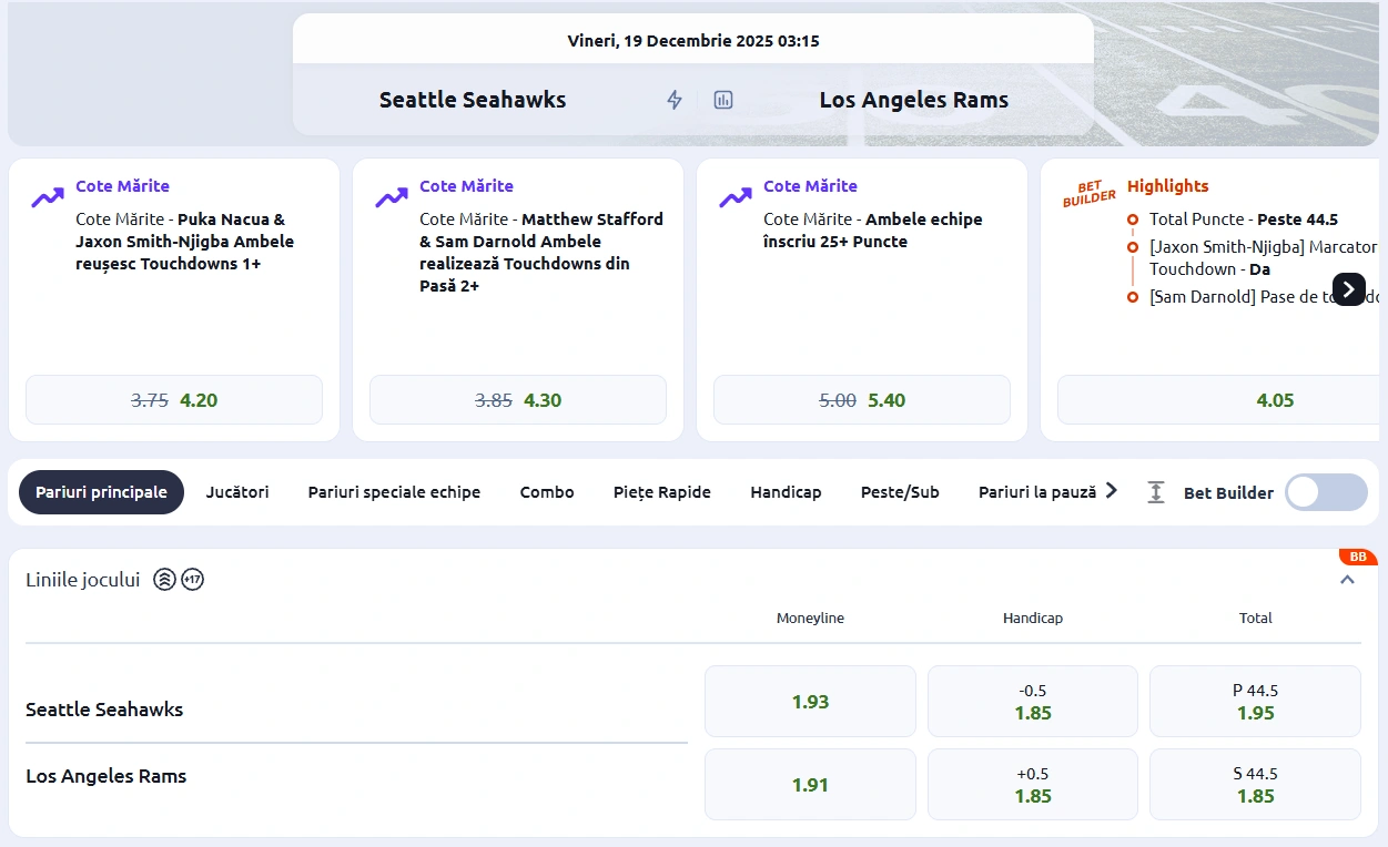 cote Seattle Seahawks vs Los Angeles Rams - NFL 18 decembrie 2025