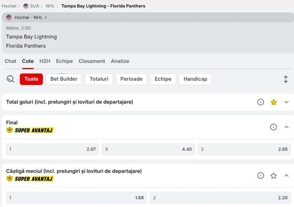 cote Tampa Bay Lightning vs Florida Panthers - NHL 15.12.2025