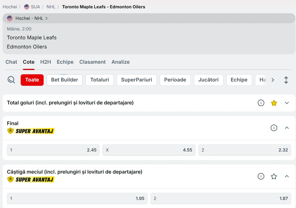 cote Toronto Maple Leafs vs Edmonton Oilers - NHL 13 decembrie 2025