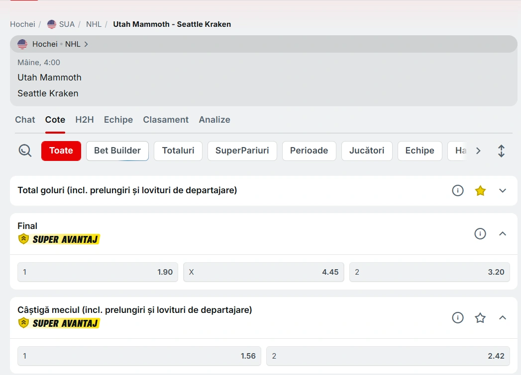 cote Utah Mammoth vs Seattle Kraken - NHL 13.12.2025