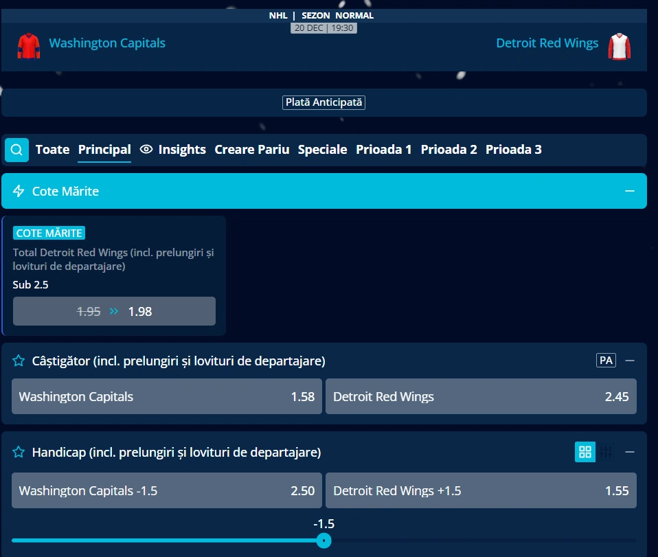cote Washington Capitals vs Detroit Red Wings - NHL 20 decembrie 2025