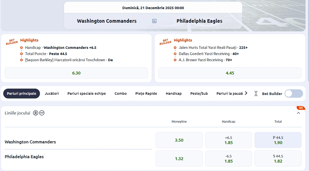 cote Washington Commanders vs Philadelphia Eagles - NFL 20.12.2025