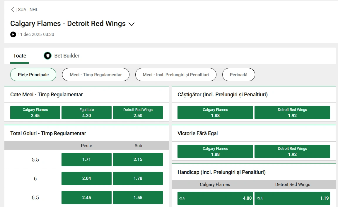 cote pariuri Calgary Flames vs Detroit Red Wings - NHL 10.12.2025