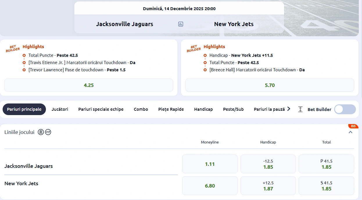 cote pariuri Jacksoville Jaguars vs New York Jets, NFL 14.12.2025